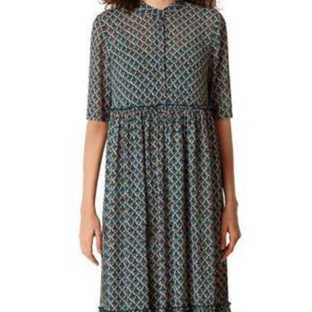 Tile Print Georgette Empire Tiered Shirtdress